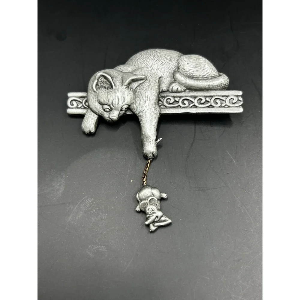 Vintage Cat Brooch Pins Pewter Black Enamel Articulated Hanging Mouse
